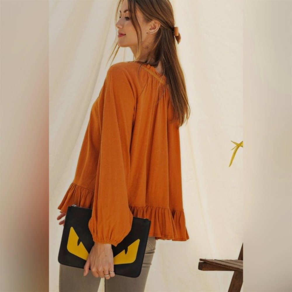 Easel Erica Long Sleeve Cotton Slub Henley Babydoll Tunic Pumpkin Orange Medium - Picture 9 of 14
